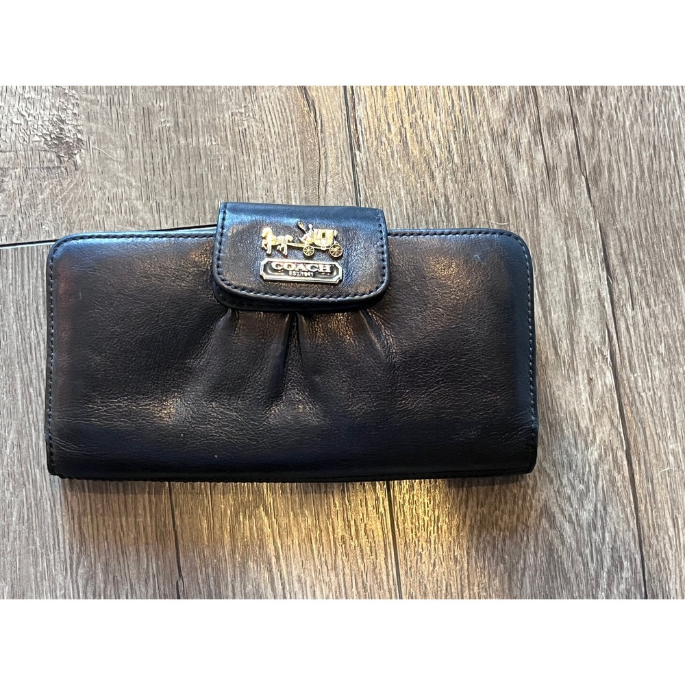 COACH Black Leather Wallet Long Bifold Horse Carriage Logo Pink Interior Women